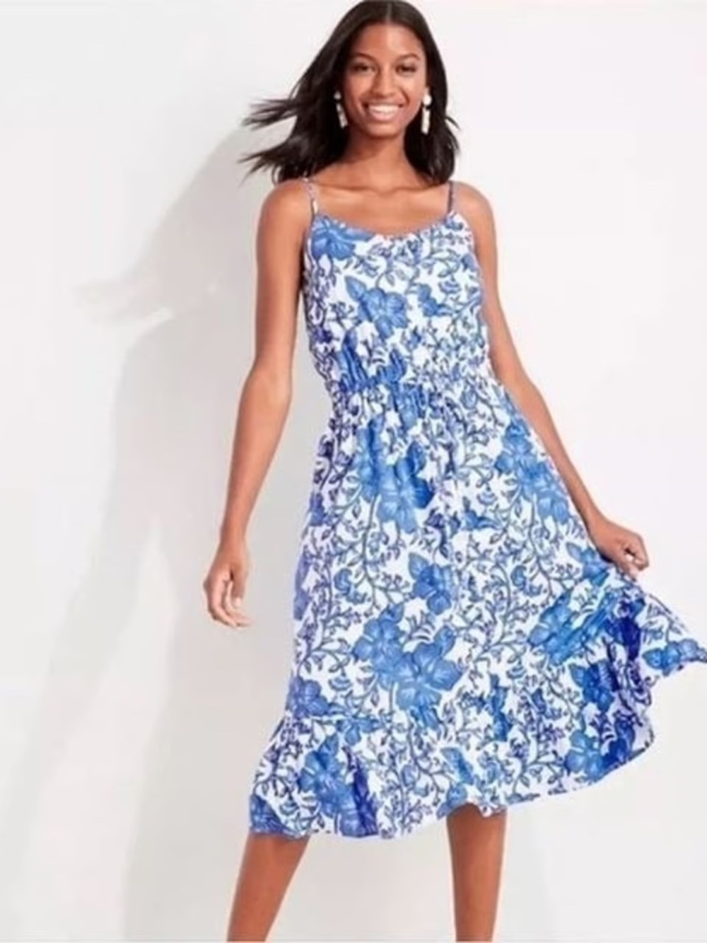 Vineyard Vines Blue White Tropical Floral Button Front Midi Dress Size Medium